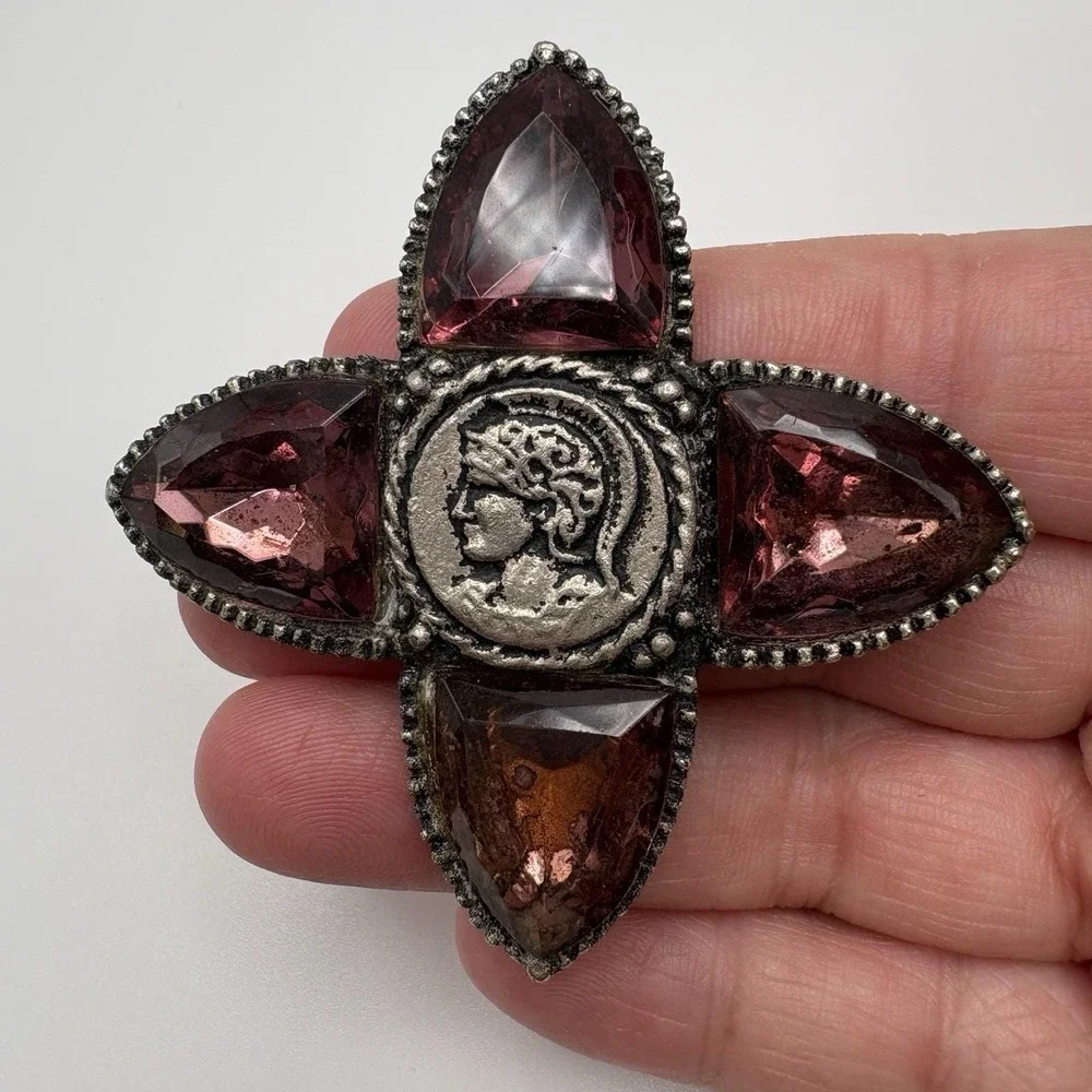 Vintage Glass Maltese Cross Medalion Brooch Purple Dark Silver Tone